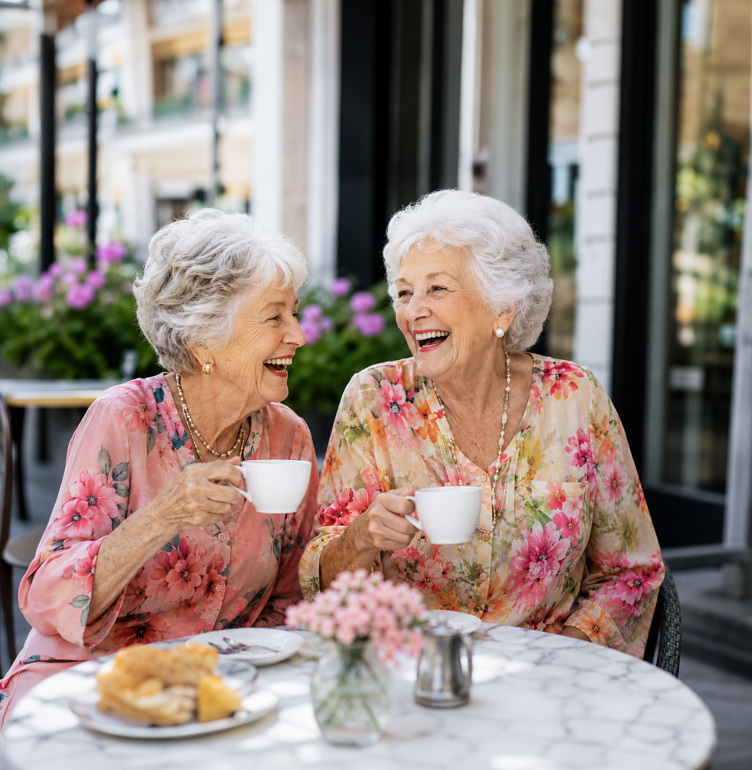 Active older adults enjoying lunch together outdoors at a Resort Lifestyle Communities retirement community, reflecting flexible independent retirement living.